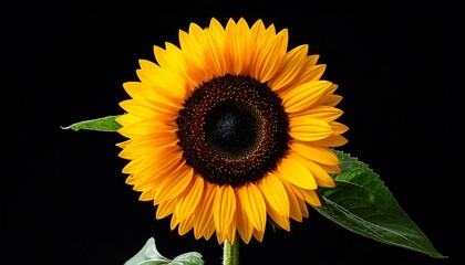A vibrant sunflower, brilliant yellow and dark brown, is centered against a stark black background.