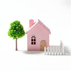 Charming Pink Miniature House with Tree and Picket Fence