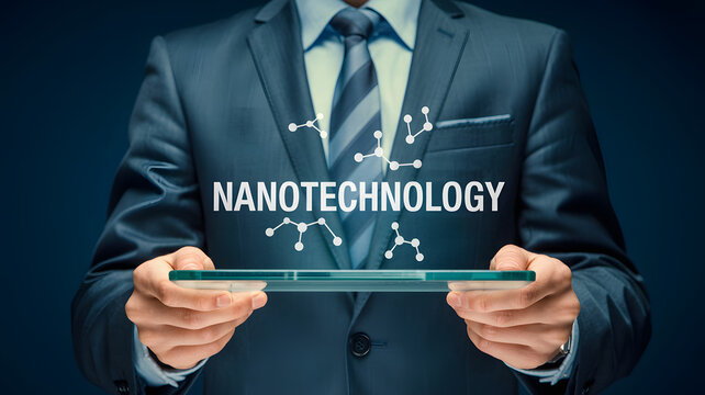 Man in suit holds transparent tablet displaying nanotechnology concept - Powered by Adobe