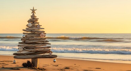 Obraz premium Driftwood Christmas tree decorated with starfish and shells on sandy beach. Holiday decor for a tropical or unique celebration.