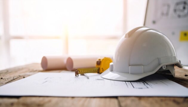 Construction Plans with Safety Helmet, and Workspace.