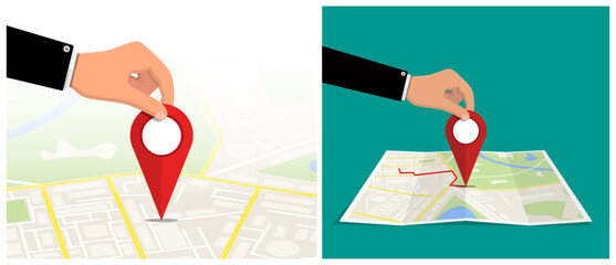 Man hand holding map pinpoint on two designs of street maps. GPS navigation and location concept for website.