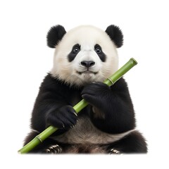 Adorable Giant Panda Cub Holding Bamboo on White