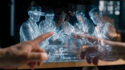 an interactive digital experience where a person's hand is gesturing towards a large screen displaying holographic images of other people engaged in activities