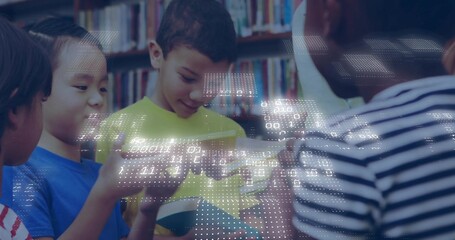 Reading boy in bright yellow T-shirt pointing at open book in library, with binary code overlay