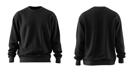 Front and back view of a dark gray/black sweatshirt.  Ribbed neckline and cuffs.  Blank template