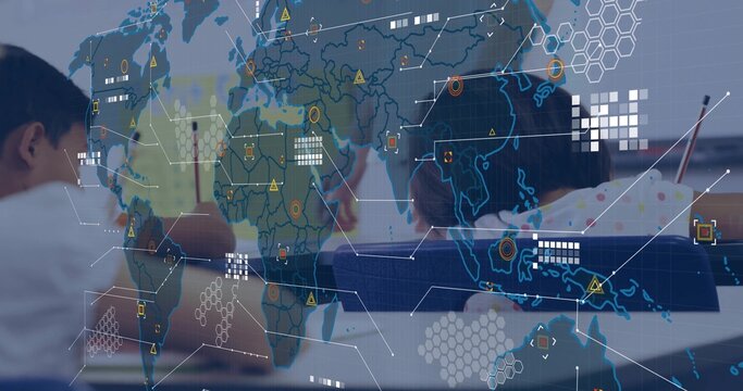 Pointing teachers guiding students at desks and chairs in classroom, with digital world map overlay