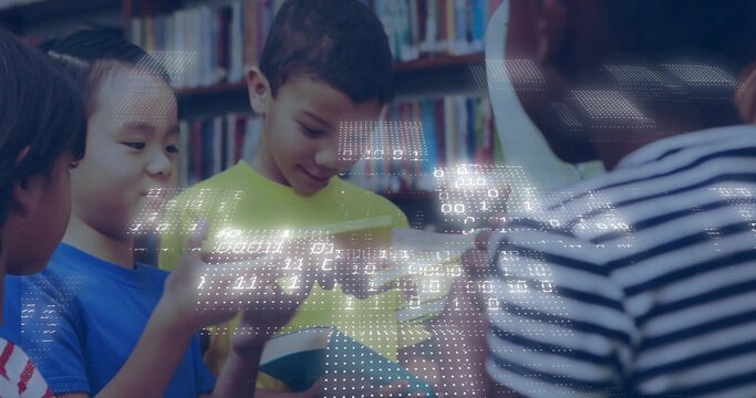 Reading boy in bright yellow T-shirt pointing at open book in library, with binary code overlay - Powered by Adobe