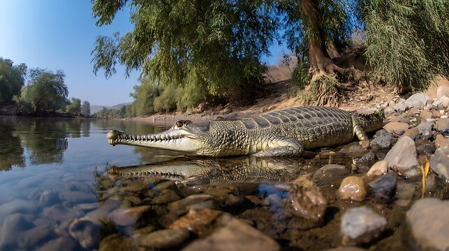 A gharial resting on the bank of the chambal river in india, basking in the warm sunlight