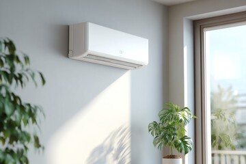 Ductless mini split machine mounted on the wall in a bright, tidy living space. Sunlight streams through the window, highlighting lush indoor greenery