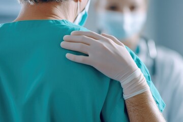 Compassionate healthcare: nurse comforting doctor with supportive touch in hospital