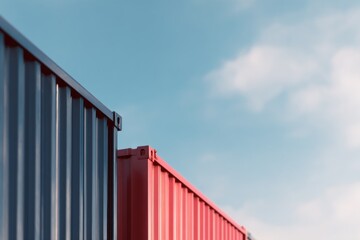 Storage containers in striking dark blue and red hues are positioned against a clear sky, showcasing their modern design and vibrant colors. This setting creates a bold visual contrast