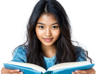 Young girl reading a book with a joyful expression in a bright, casual setting, highlighting focus on education and the love for literature and learning