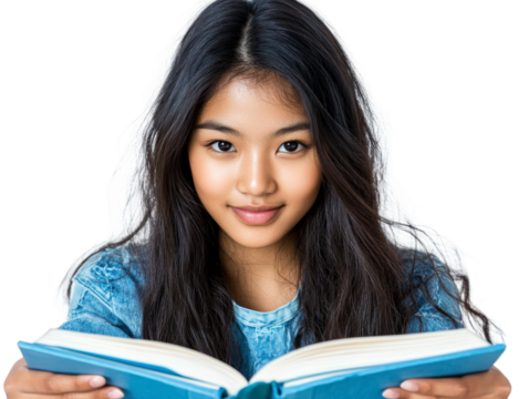 Young girl reading a book with a joyful expression in a bright, casual setting, highlighting focus on education and the love for literature and learning - Powered by Adobe