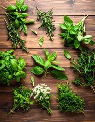 Fresh herbs arranged on a wooden table