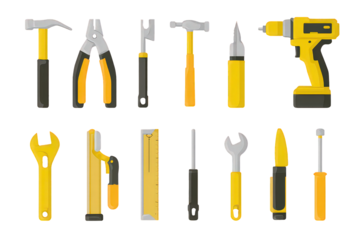 Pixel Art Collection Of Assorted Yellow Tools On Black Background