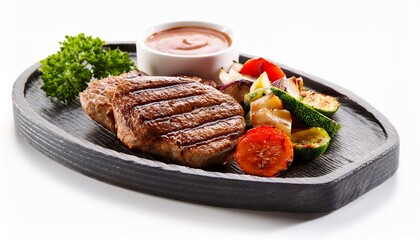 grilled meat with vegetables and sauce white background