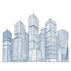 Fototapeta premium A meticulous hand-drawn sketch depicts a sprawling cityscape of towering modern buildings, their intricate designs and varied architectural styles creating a dynamic and detailed urban scene.