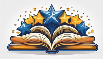 open book with stars logo on white background symbolizing reading education and creativity