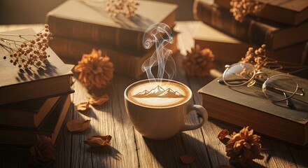 Golden Hour Study: Steaming Coffee, Mountains, and Vintage Books