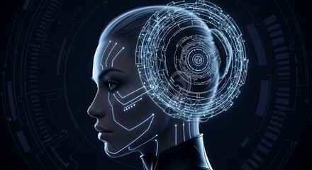 Futuristic digital art of an AI woman's head, featuring intricate glowing circuit patterns. This image represents artificial intelligence, neural networks, and advanced technology.