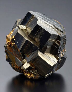 A captivating display of intricately structured pyrites, showcasing a rich interplay of dark and golden hues, set against a muted backdrop.
