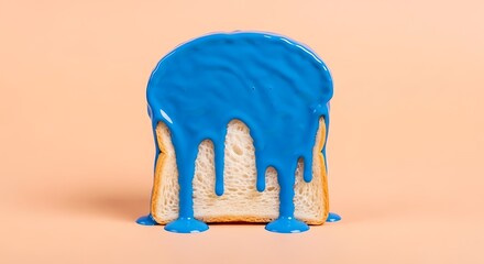 A single slice of white bread drenched in vibrant, glossy blue liquid, dripping down onto a soft peach background in a minimalist studio shot. Creative and abstract food art.