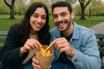 A smiling couple shares french fries from a paper bag while sitting on a park bench.