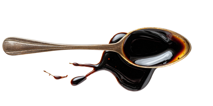 Dark liquid spills from a vintage spoon