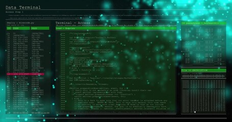 Displaying secure data terminal UI on screen, with code text, waveform visualizer and hex dump rows