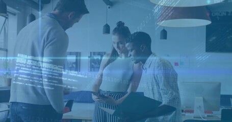 Collaborating three colleagues reviewing smartphone and tablet in modern office, with open folder
