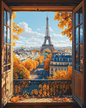 Paris city view from the balcony overlooking building in oil painting style 