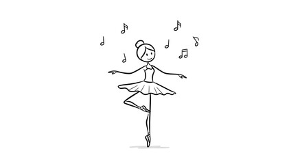 Playful Stick Figure Ballerina Dancing with Musical Notes