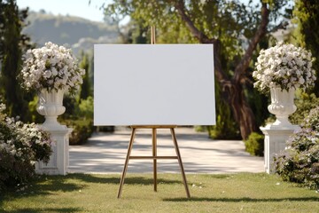 A beautifully arranged garden features a blank canvas on an easel, framed by charming floral arrangements. This inviting atmosphere is ideal for creating personalized wedding signage