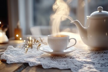 Fototapeta premium Warm tea being poured into white cup with lace tablecloth and bokeh background