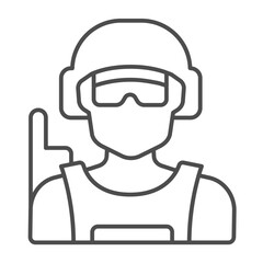 Special operation soldier thin line icon, police force concept. Vector graphics. Policeman with helmet, sunglasses and radio sign on white background, outline style icon for mobile or web design.