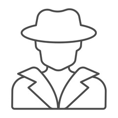 Detective man with raincoat and hat thin line icon, police force concept. Vector graphics. Anonymous look of man, detective sign on white background, outline style icon for mobile or web design.