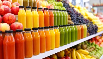 Fresh juice bottles displayed on shelves, surrounded by fruits