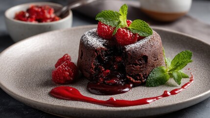Chocolate lava cake plated with raspberry coulis and mint