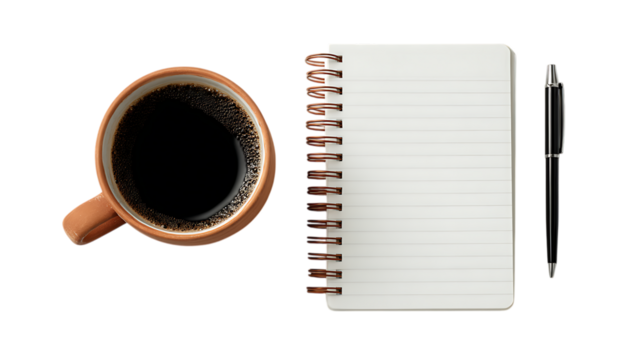 New Year Resolution Notebook and Coffee Cup on white background. 