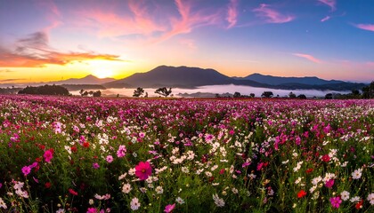 Fototapeta premium A breathtaking panorama of a vast field of colorful cosmos flowers at sunrise, showcasing a majestic mountain range in the background.