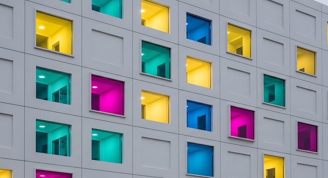 Close-up of a modern building facade with square windows illuminated by vibrant yellow, cyan, blue, and magenta light. A striking contemporary architectural design. - Powered by Adobe