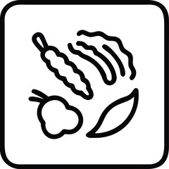 Outlined icon of mustard greens, bitter gourd, and okra inside a square frame, bold black stroke, minimal.