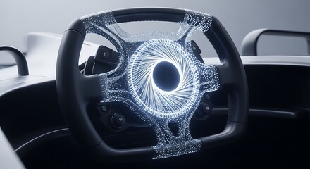 A futuristic car steering wheel featuring a glowing, abstract digital interface, symbolizing advanced automotive technology, AI, and smart vehicle systems. Perfect for innovation concepts.