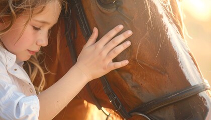 Obraz premium A young girl gently caresses a brown horse's head, illuminated by warm sunlight, showcasing a tender connection between child and animal.