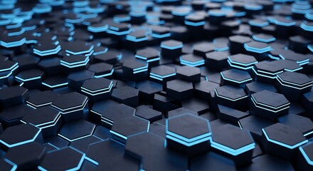 Dark, futuristic hexagonal grid background with vibrant blue glowing edges. An abstract 3D render ideal for tech, science, or digital themes. Shallow depth of field adds dynamism.