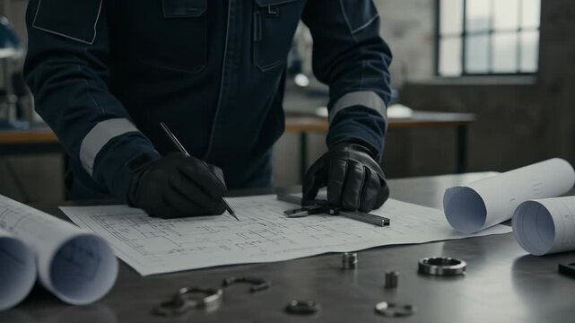 A focused worker wearing gloves uses precision calipers to measure and draft engineering blueprints for industrial design and planning on a workshop table.