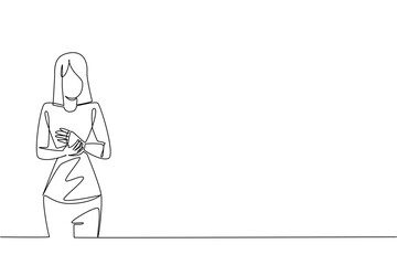 Continuous line drawing of a woman with prosthetic hand, crossing on chest. Highlighting empowerment and accessibility for World Day for Assistive Technology in a modern technology concept design.