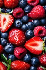 Fresh berries on ice: blueberries and strawberries with raspberries on a cool background