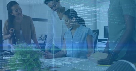 Collaborating women analyzing documents on laptop at office desk, with code and graph overlay